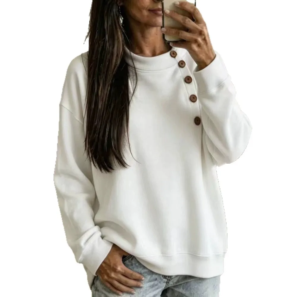 Damen-Sweatshirt mit Knopfdetails, Rundhalsausschnitt, langen Ärmeln, lockerer Passform, einfarbig, lässiger Oversize-Stil, ideal für Herbst und Winter, für den täglichen Gebrauch. – Detail 3