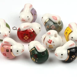 5pcs Lovely Rabbit Pottery Ceramic Beads Pendant 20x16x14mm Cartoon Animals Loose Porcelain Beads For Jewelry Making Accessories