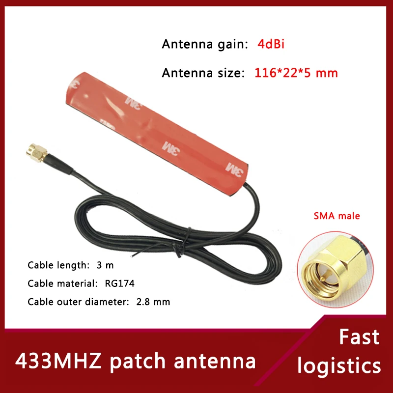 Comprimento do cabo 3m da antena rg174 do remendo da antena do diâmetro exterior 433mm 116 m do cabo da antena 4dbi sma do ganho 2.8*22*5mm do remendo de 433mhz