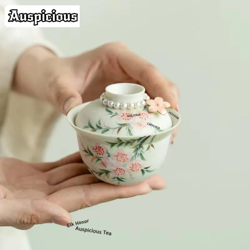 

100ml Hand-painted Peach Blossom Gaiwan Luxury Tea Tureen Tea Bowl With Lid Kit Tea Brewing Cover Bowl Tea Ceremony Decoration