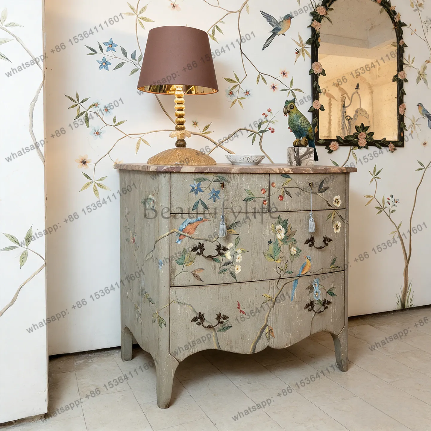 American retro flower and bird hand-painted chest of drawers European classical locker