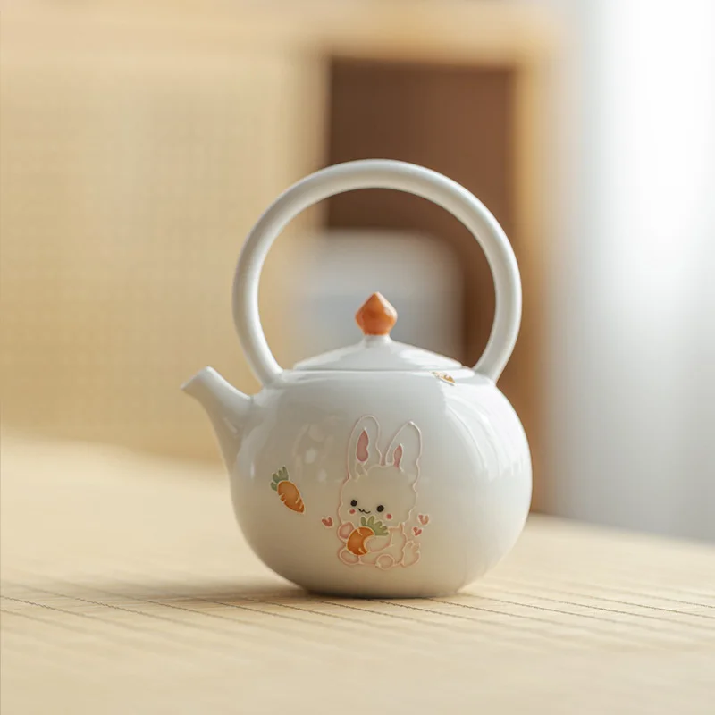 Japanese Hand-painted Moe Rabbit Teapot Lifting Pot Household White Porcelain Bubble Teapot Ball Hole Filter Kung Fu Tea Set