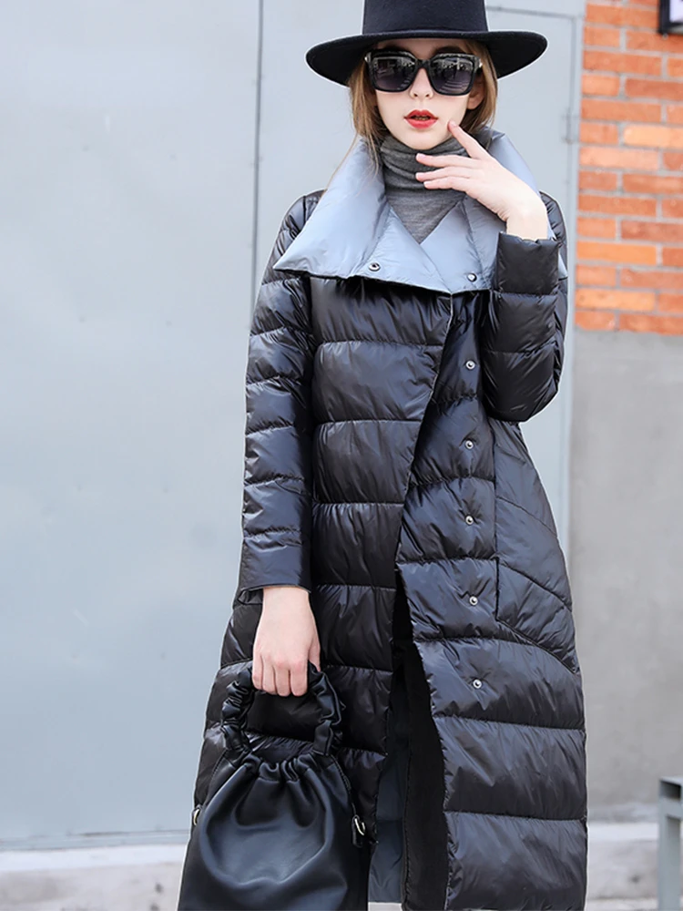 Winter Women 90% White Duck Down Jacket Long Thick Double Sided Coat Female Warm Double Breasted Parka Outwear Women Jacket