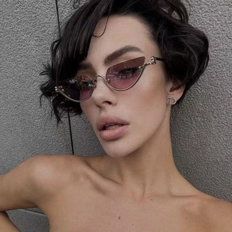 Fashionable Metal Half Frame Cat Eye Sunglasses for Women Retro Trend Cool Concave Design Hip-hop Sunglasses
