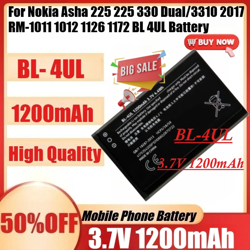 

For Nokia Asha 225 225 330 Dual/3310 2017 RM-1011 1012 1126 1172 BL 4UL Li-Polymer Batteries New 1200mAh 3.7V BL-4UL Battery