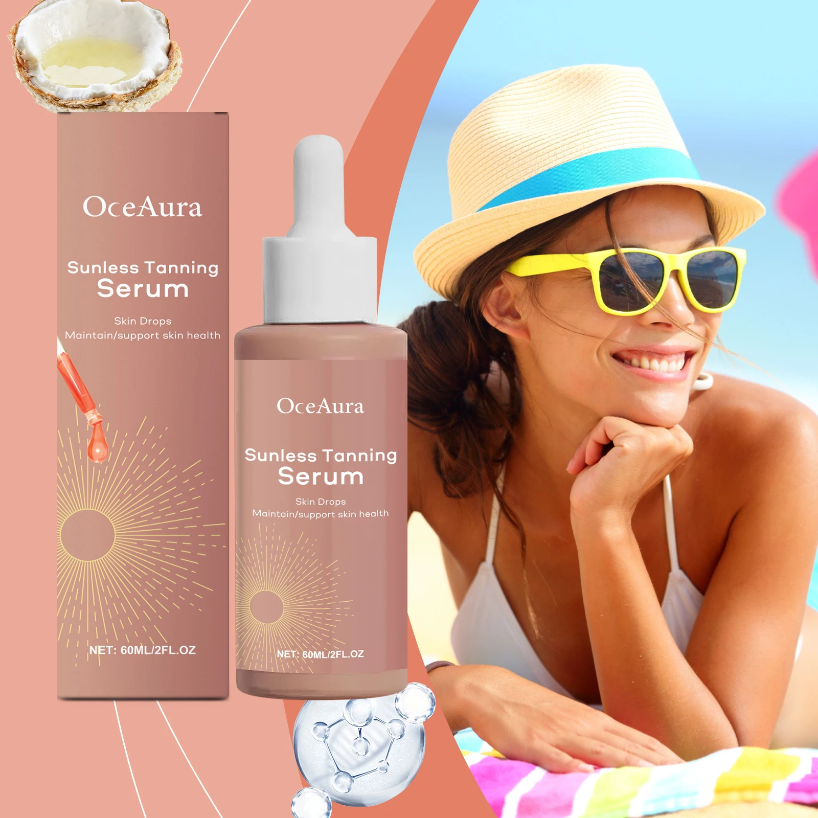 OceAura Self Tanning Drops for Solarium Carrot Bronze Moisturizing Skin Sunless Tanning Products Watermelon Tanning Serum 60ml