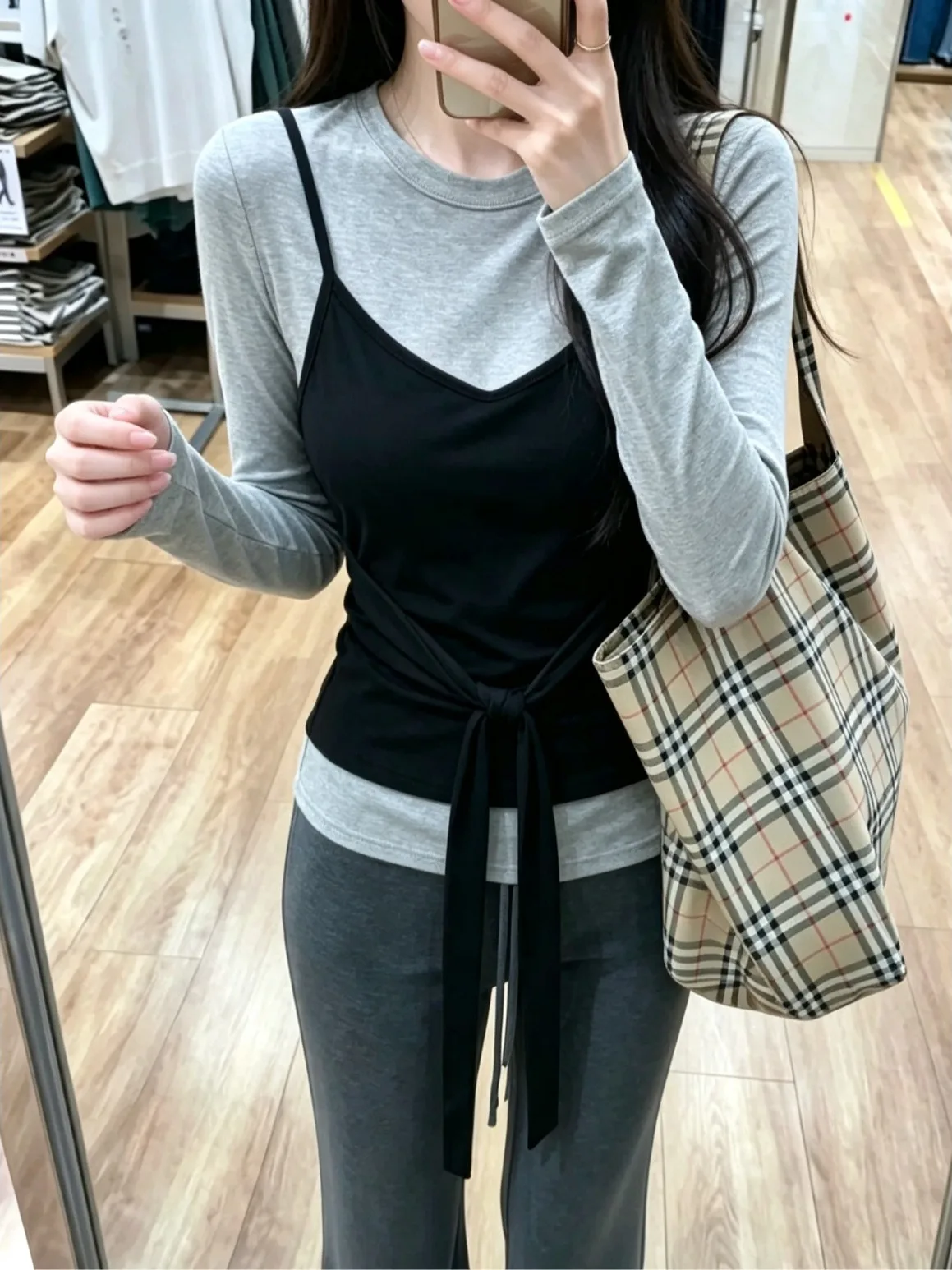Early Autumn Korean Style Long Sleeve T-Shirt Set Women's Fashionable Age-Defying Two-Piece Combo Tank Top Layering Piece