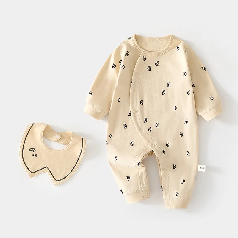 Baby Jumpsuit Partial Open Baby Newborn Boneless Spring and Autumn Pure Cotton Romper Send Bib Infant Children's Wear Romper