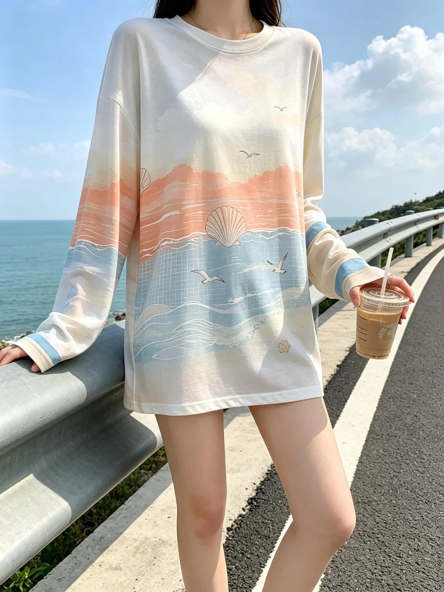 Women Crew Neck Long Sleeve Tunic Dress Vintage Faux Seaside Sunset Ocean Flat Print Oversized Loose Mini