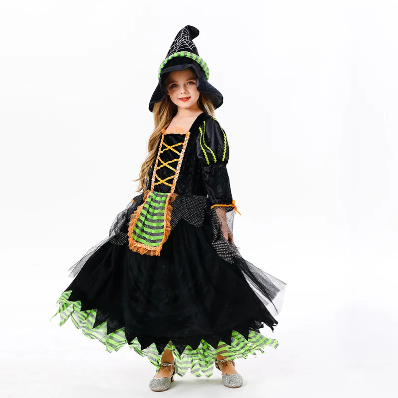 Halloween Vampire Cosplay Costume for Kids Girls Fantasy Witch Dress with Hat Carnival Party Children's Stage Performance Dress