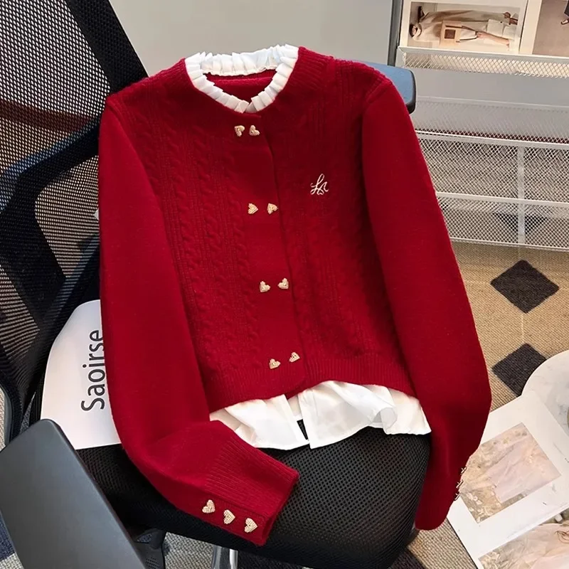 Autumn Winter New Stand Collar Fake Two-Piece Wooden Ear Wmbroidered Top Christmas Party Red Fashion Warm Knitted Sweater Women