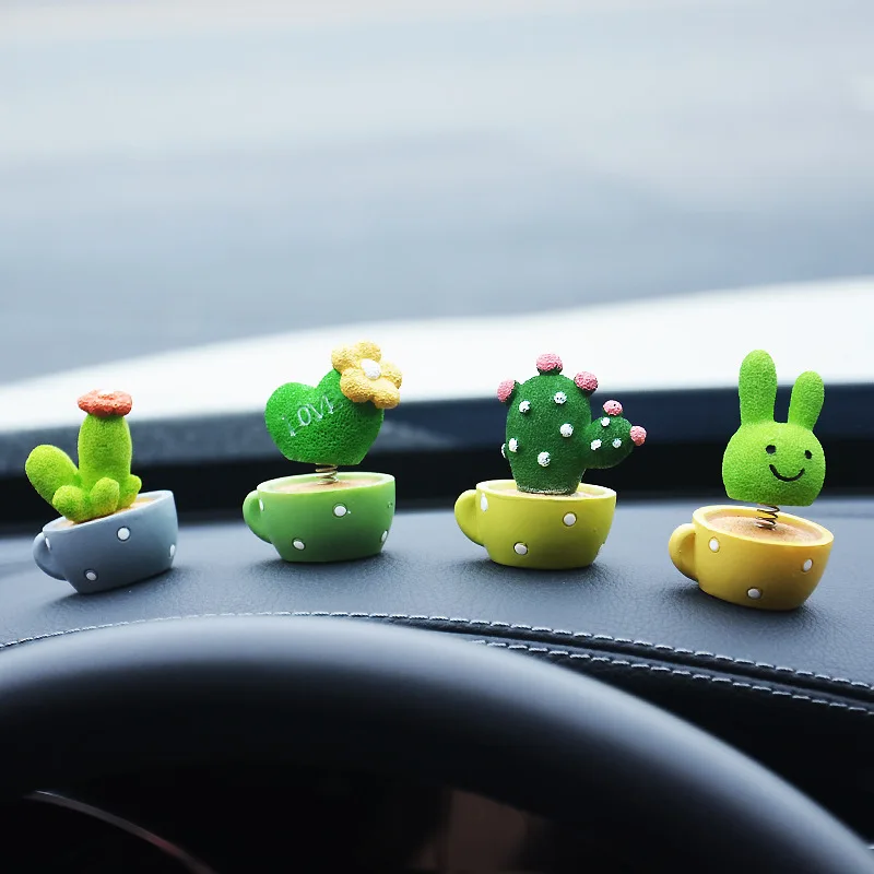 1/4pc Cute Resin Shake Head Spring Succulent Cactus Mini Green Plant Car Office Home Crafts Auto Interior Decoration Accessories