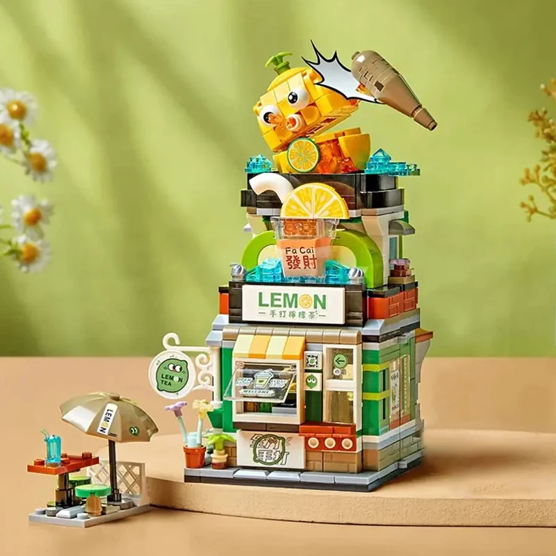 Loz Classic Folding Street View Lemon Tea Shop Milk Tea Shop Building Blocks Luosifen Shop Restaurant House Toys For Kids Gifts