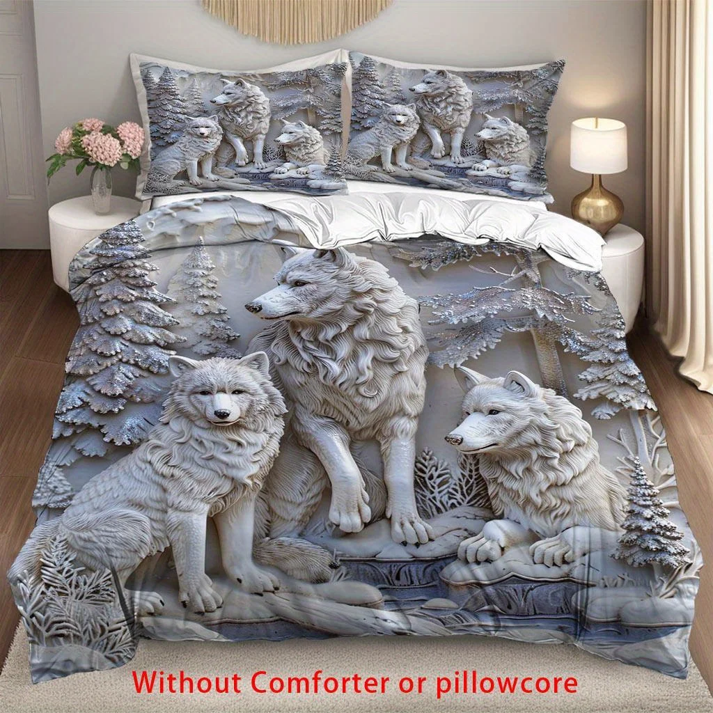 3D White Wolf & Forest Print Duvet Cover Set (1 Duvet Cover + 2 Pillowcases, No Insert), All-Season Polyester Bedding