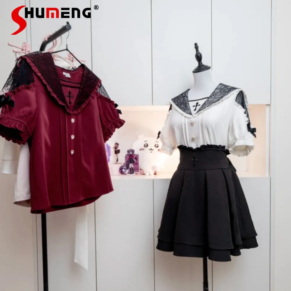 

Japanese Mines Style Mass-Produced Subculture Cross Embroidery Navy Collar Bow Lace Spliced Versatile Lolita Shirt Top for Women