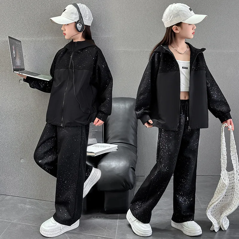 Girls Clothing Set Spring Autumn Patchwork Zipper Hooded Jacket + Pants 2Pcs Children's Tracksuits Casual School Kids Costume