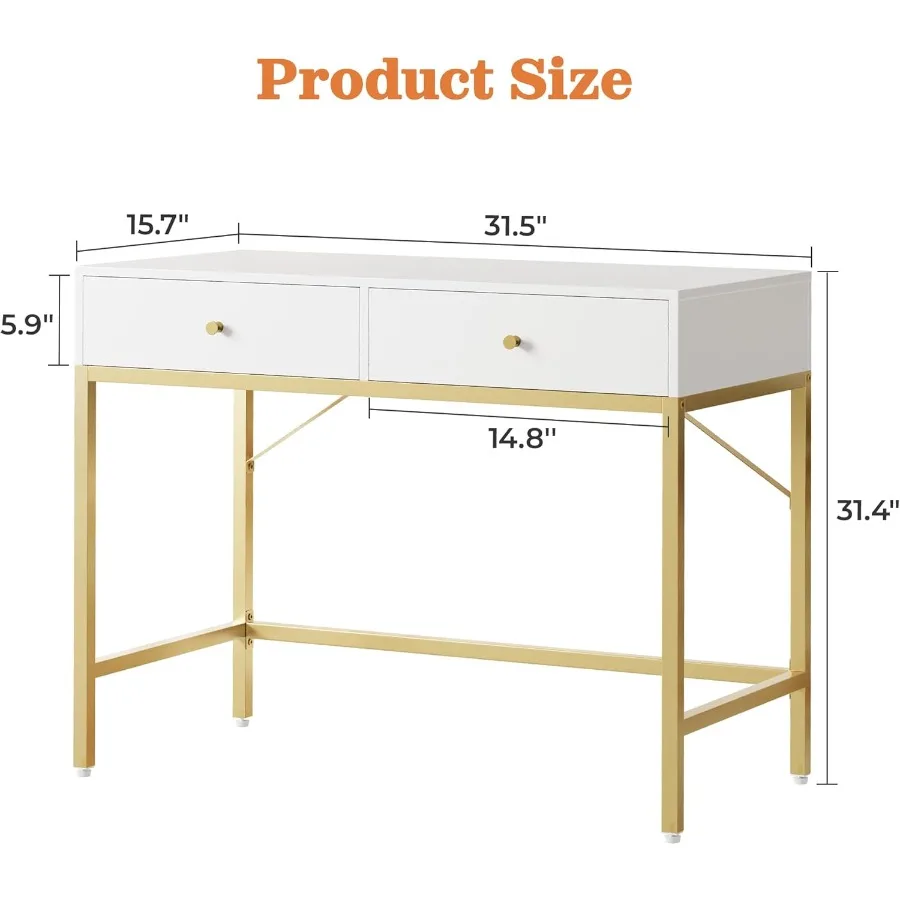 مكتب زينة حديث باللونين الأبيض والذهبي 31.5 مع درجين، طاولة مكياج مدمجة لدراسة الكتابة في المكتب المنزلي أو غرفة النوم، أنيقة #3