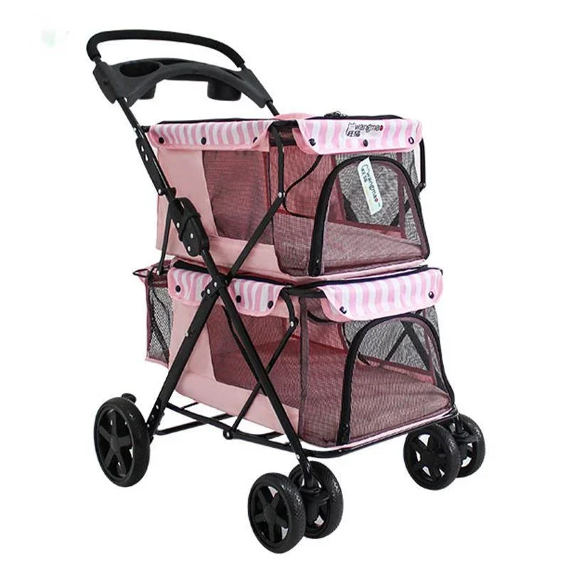 Portable Folding Double-layer Pet Stroller for 2 Dogs cat with Large Space Four-wheeled Double Dog cat Strollers Outdoor Travel