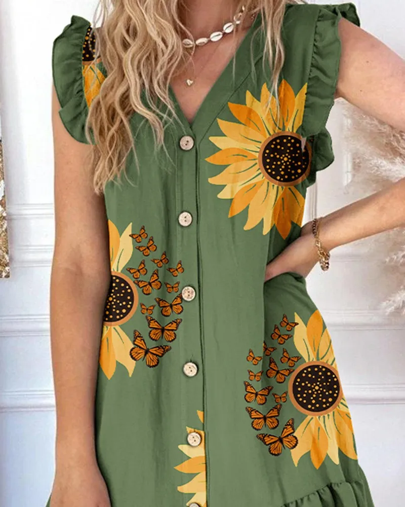 Casual Loose Ruffles Print Shirt Dress Women Summer V-neck Flying Sleeve Dresses For Women 2023 Boho Beach Holiday Vestidos