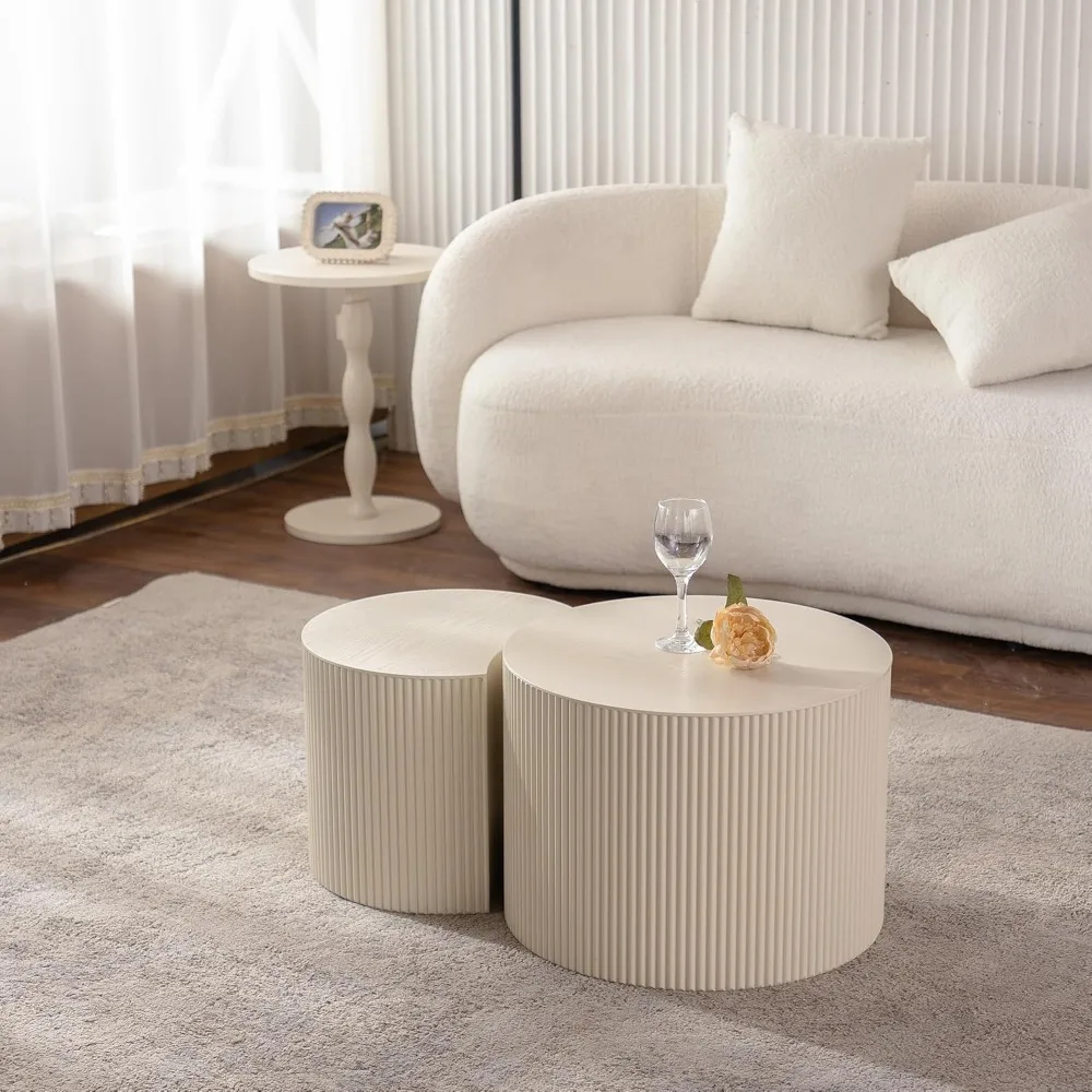 Набор журнальных столиков в бежевую полоску с волнистыми полосками, современные деревянные круглые акцентные столы в стиле барабана для гостиной