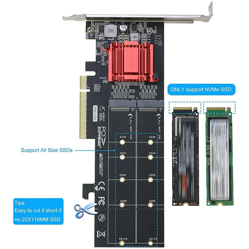 Dual Nvme Pcie Adapter,M.2 Nvme SSD To PCI-E 3.1 X8/X16 Card Support M.2 (M Key) Nvme SSD 22110/2280/2260/2242