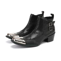 Social Black Office Man Serpentine Buckle Strap Shoes Business Metal  Round Toe Ankle Boots Large Size Cow Leather Dress Boots