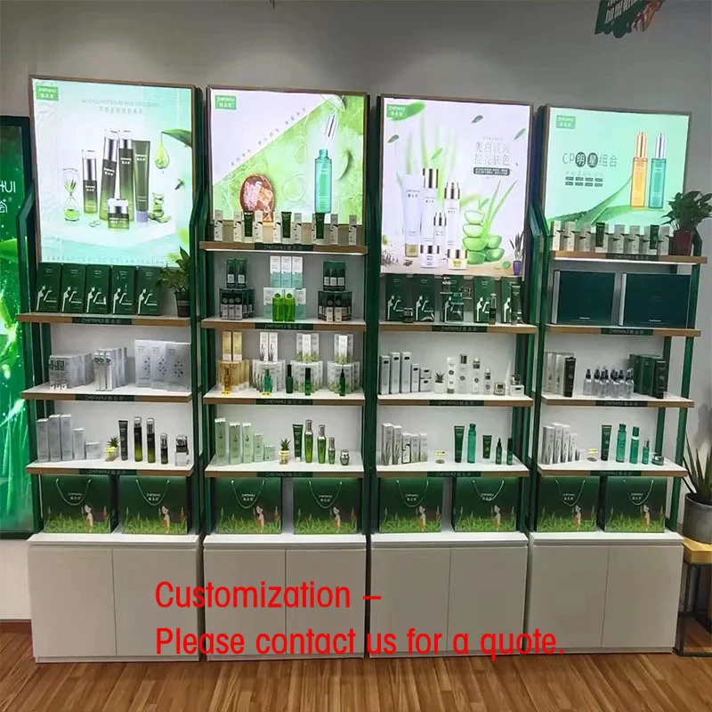 custom.Cosmetics Display Cabinet Green/White/Light Wood Colors Stylish Versatile Shelf Company Showroom Beauty Salon