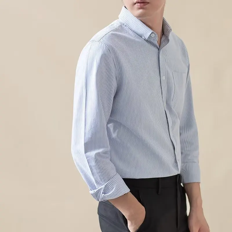 2026 Spring New Men's Vertical Striped Shirt Men's Non-ironing Slim-fit Long Sleeve Business Casual Shirt Men's Clothing
