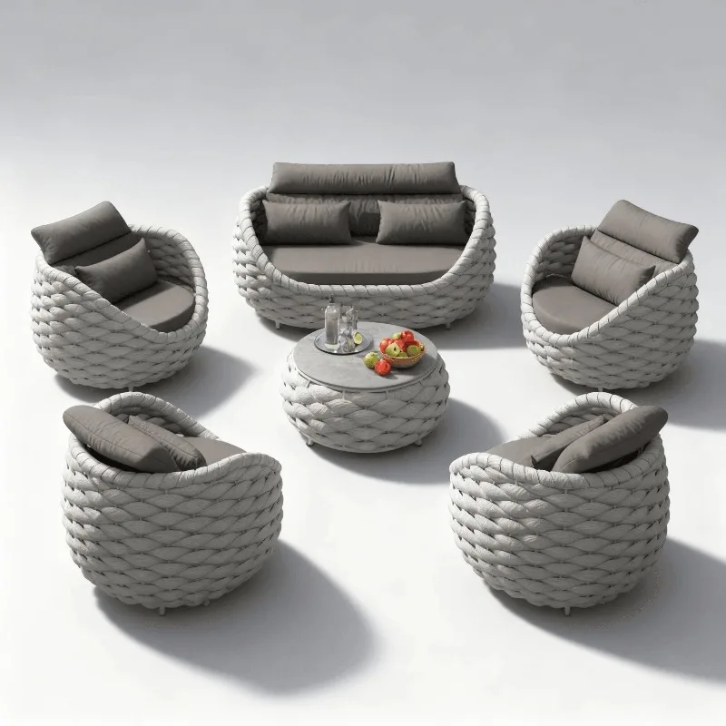

Outdoor Woven Rope Patio Furniture Set Aluminum Frame 2-Piece Cushioned Armchairs with Table for Balcony Garden Pool Deck