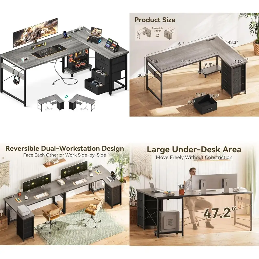 

61-inch L-Shaped Desk with 4 Drawers, Reversible Corner Desk for Storage and Gaming, Includes Power Outlets and USB Ports