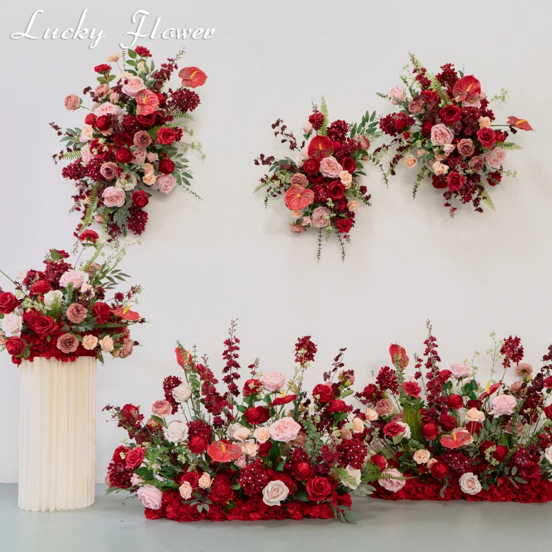 Red Greenery Artificial Flowers Set Road Leading Flower Ball Wedding Decoration Flower Row Hanging flower Row Stage Arrangement