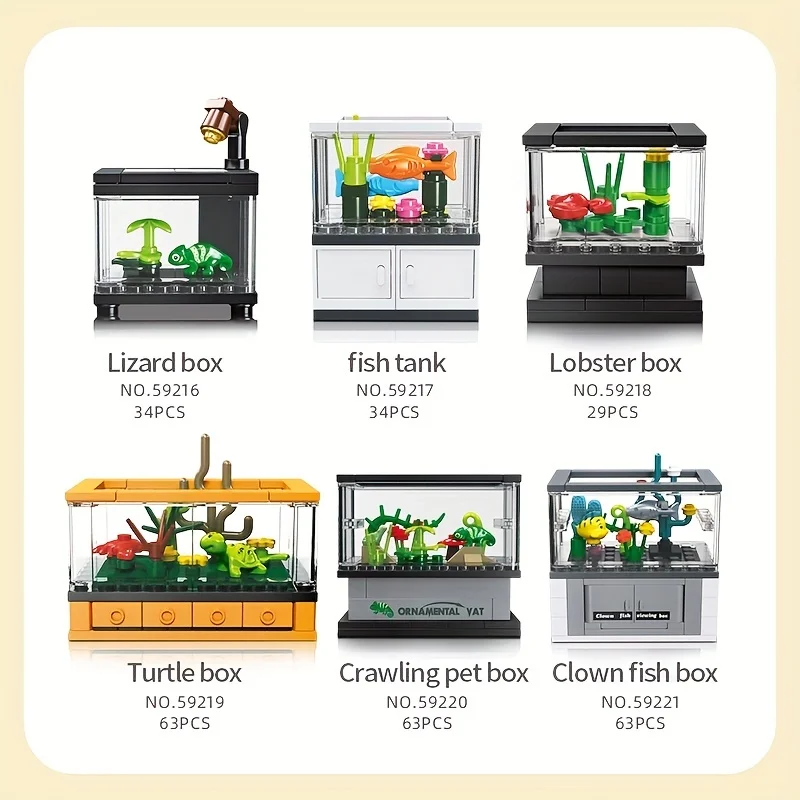 63PCS Turtle Ornamental Box Building Blocks Set Mini Fish Tank Series Assemble Bricks DIY Educational Toys Kids Christmas Gifts