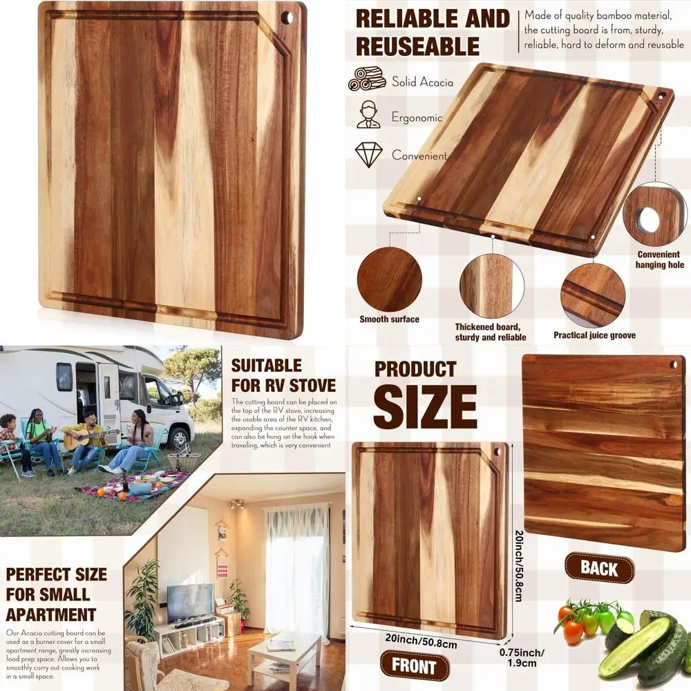 

20 x 20 Acacia Wood Square Burner Cover with Hole for Large Stove, Chopping Board, and Oven Use in Apartment Kitchen