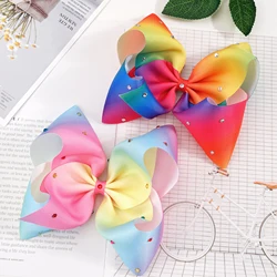 2 Pcs 8 Inch Large Solid Ribbon Rainbow Bows Alligator Clips With Sparkly Glitter Rhinestone For Girls  Kids Teenager