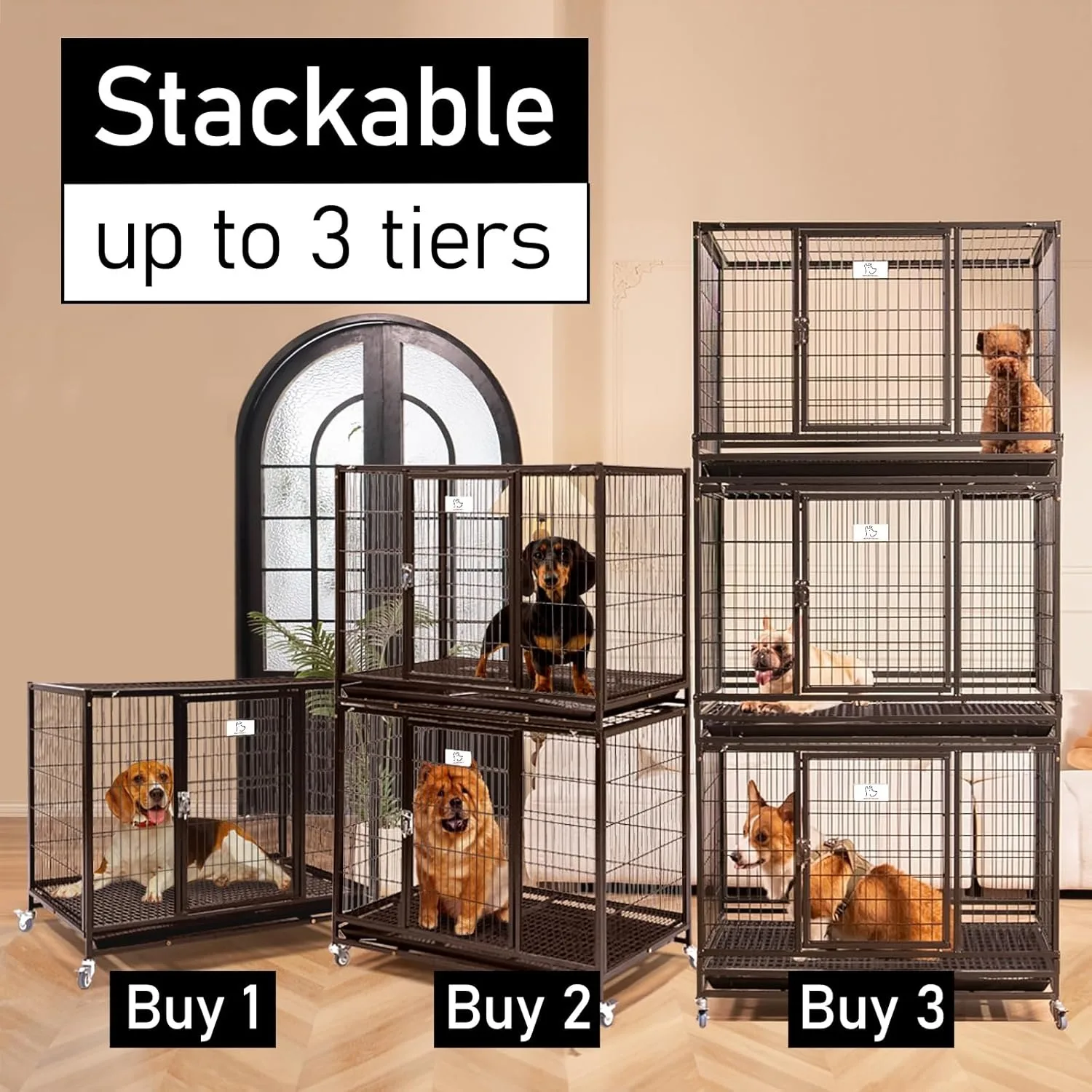 Pet 37 inch Stackable Open Top Heavy Duty Dog Crate Cage for Medium Dog with Wheels and Removable Tray