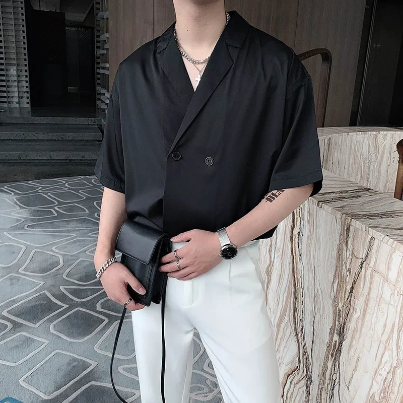

Spring Long Sleeved Shirt Men's Summer Korean Suit Collar Short Sleeved T-shirt Fashion Loose Casual Shirt Tops Y2k Men Clothing