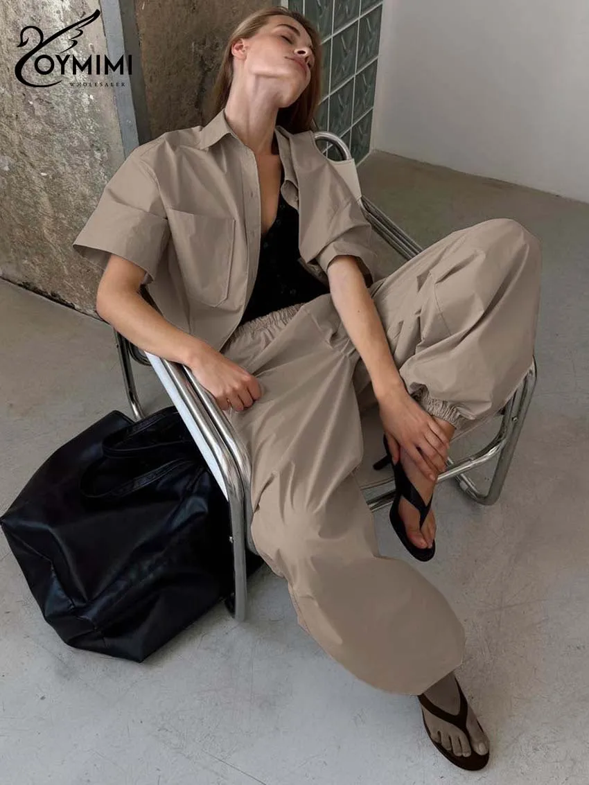 

Oymimi Fashion Khaki Cotton Women's Two Pieces Set Casual Half Sleeve Pockets Button Shirts And Simple Ankle-Length Pants Sets