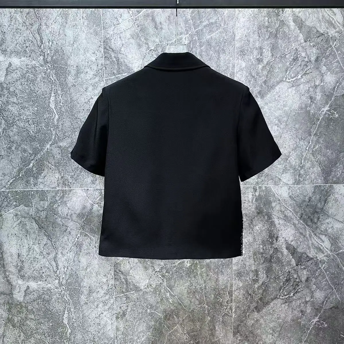 Men's Rhinestone Beading Short Sleeved Shirt Summer American Fashion High Street Zipper Design Shiny Single Breasted T-shirt