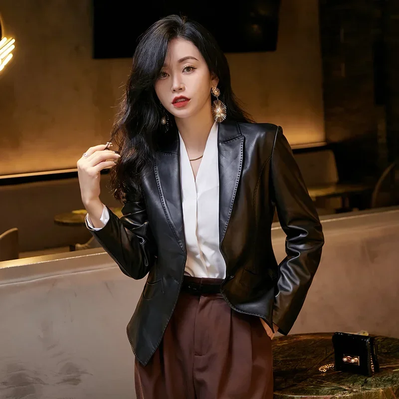 Genuine Leather Jacket Women 2024 Korean Fashion Slim Lapel Leather Jackets for Women Real Sheepskin Leather Coat Suit Jacket