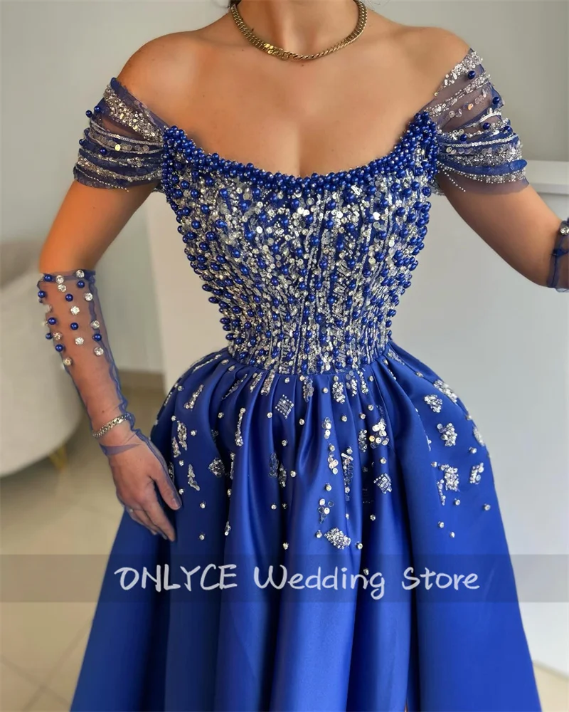 Luxury Royal Blue Evening Dresses With Two Gloves Pearls Beading Crystals Pleats فساتين طويلة Formal Prom Party Gowns Customized