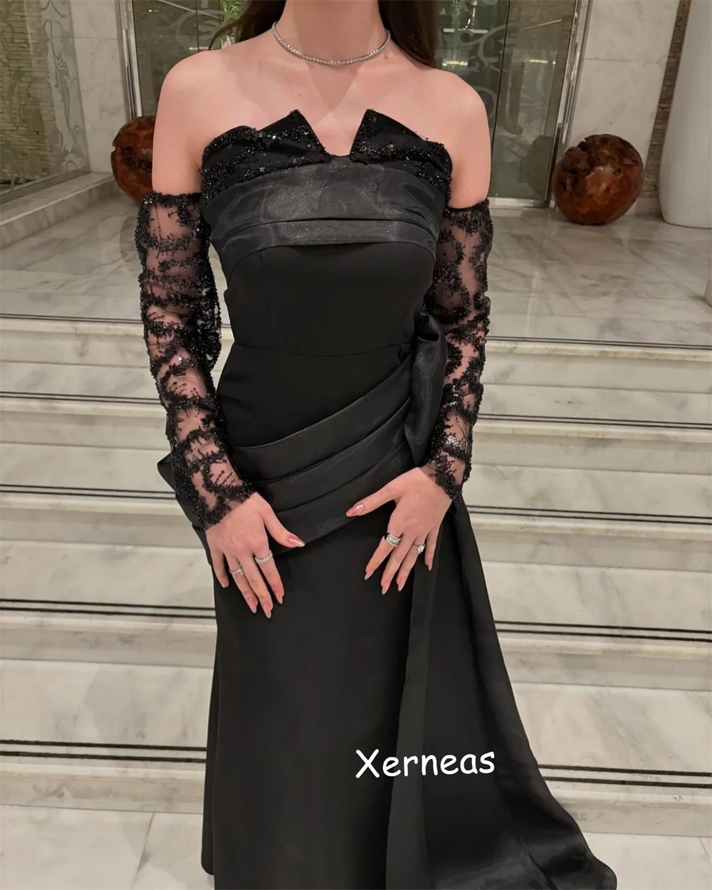 Customized Jersey Lace Pleat Sequined Off-the-shoulder Trumpet Midi Dresses Bespoke Occasion Evening Party Gown Elegant Charming