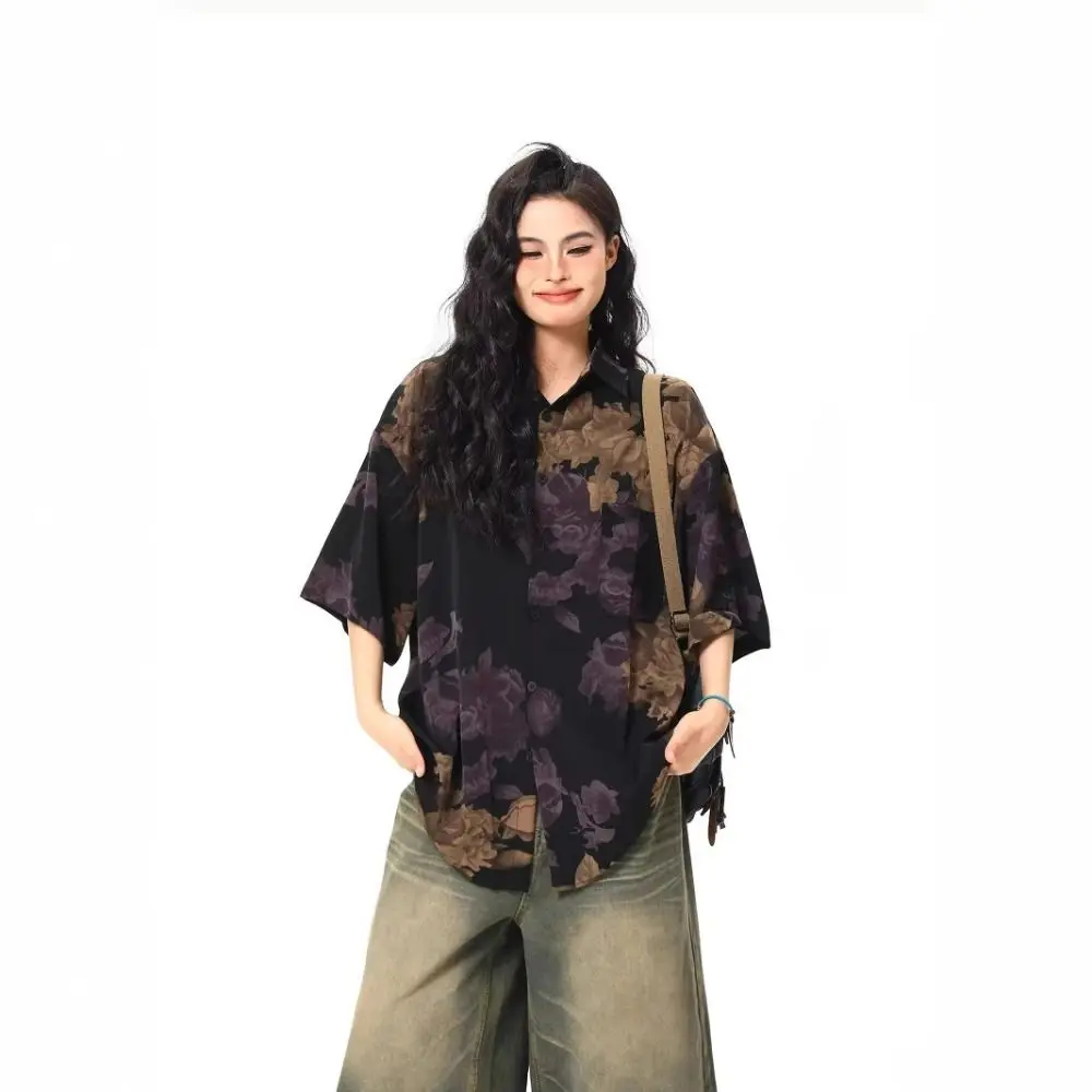 Camisas holgadas de moda para hombre, blusa de flores con solapa y cuello en V para mujer, camisas de manga corta Y2K con botones para hombre y mujer