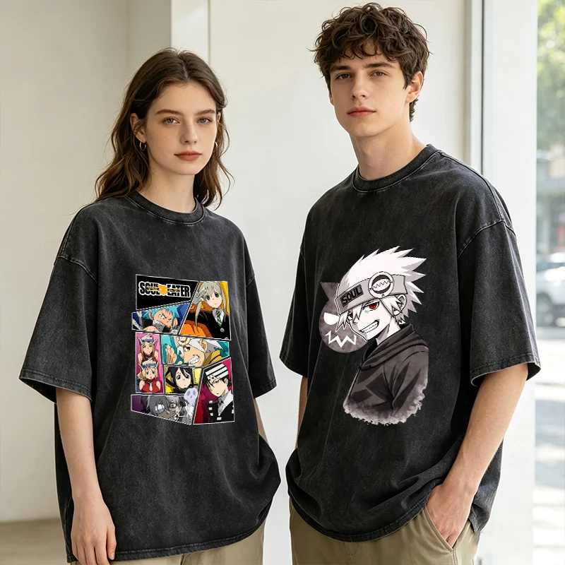 T-shirt Soul Eater pour hommes et femmes, style vintage délavé, manches courtes, t-shirts d'anime, hauts amples, vêtements décontractés pour adultes, cadeau