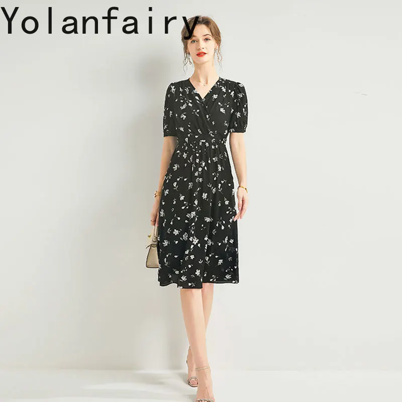 YOLANFAIRY New 100% Real Mulberry Silk Black Dress Summer 2025 Elegant Dresses for Woman Lace-up Floral A-line Dress sommerkleid