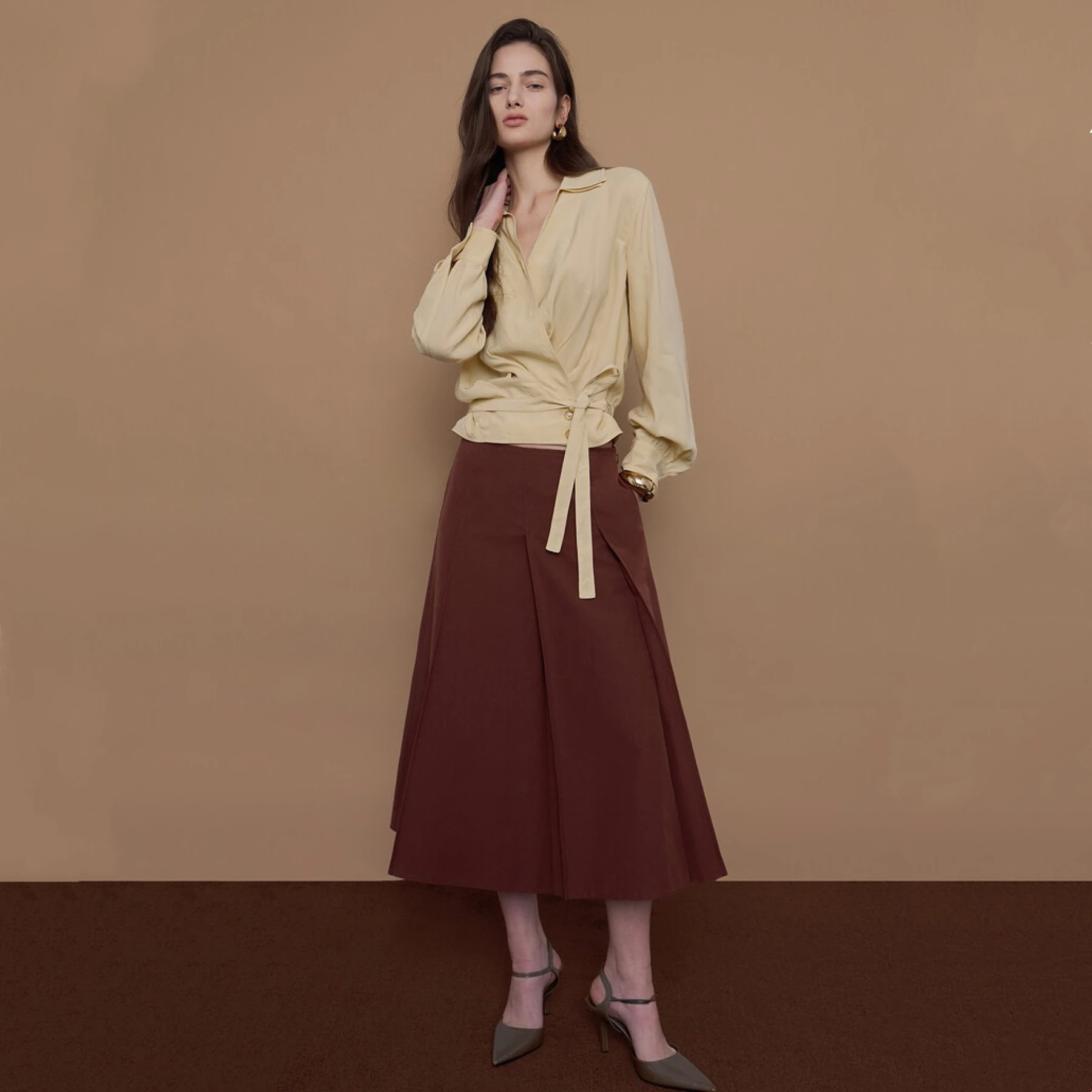 

Slimming Commute Sle irt with Belt Two Colors Versatile Asymmetrical Design Breathable Skin-friendly V-ne Long Sve