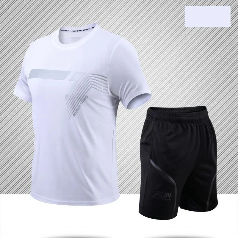 Mens Running Fitness 2 PCS Set Breathable Sportsuit Quick Drying Clothes Pants Sportwear Suits Workout Basketball Leisure