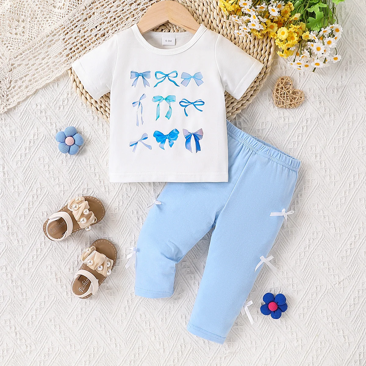 Summer 2-Piece Baby Girl Outfit Casual Bow Printed round Neck Top with Bow Decoration Pants Short Sleeve Cute Infant Set