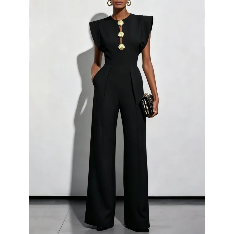 

Tinaa Black Flying Sleeve Jumpsuit Women 2026 Spring Summer Formal O Neck Button Zipper Back Wide-leg Long Jumpsuit 197446