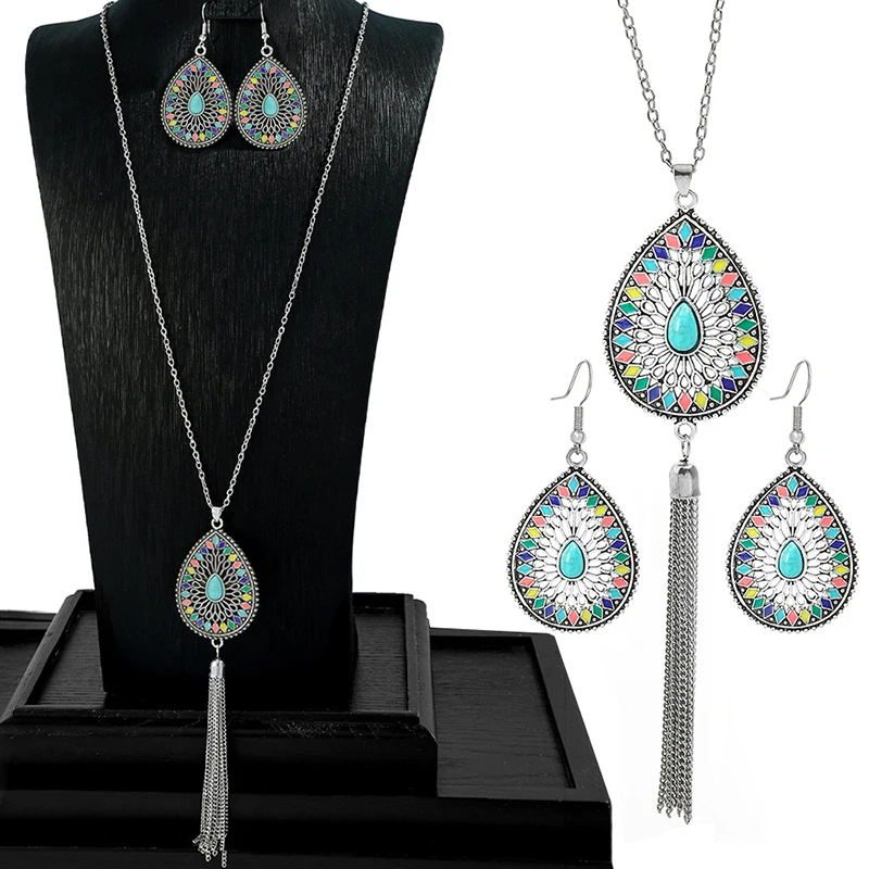

Ethnic Temperament Water Drop Earrings Necklaces Set for Women Vintage Hollow Drop Glaze Tassel Necklace Boho Female Jewelry