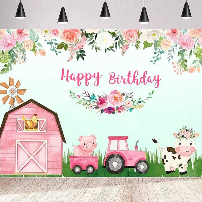 

Farm Pink Barn Photography Backdrop For Kids Farm Cartoon Cow Birthday Party Background Wall Floral Farm Animals Truck Banner